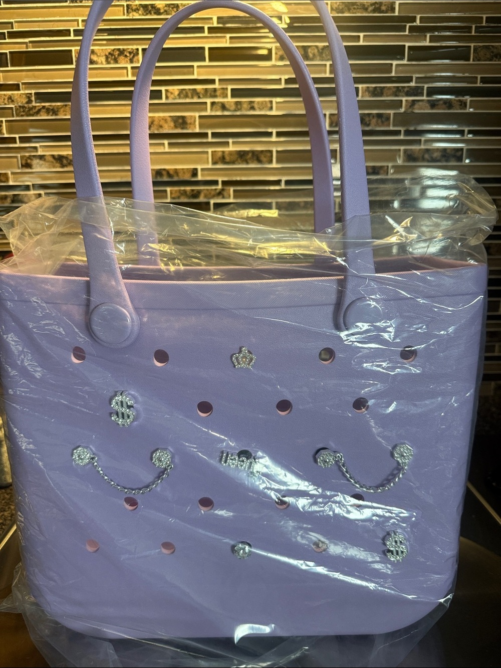 Lavender Smiley Tote Bag with Charm Accents
